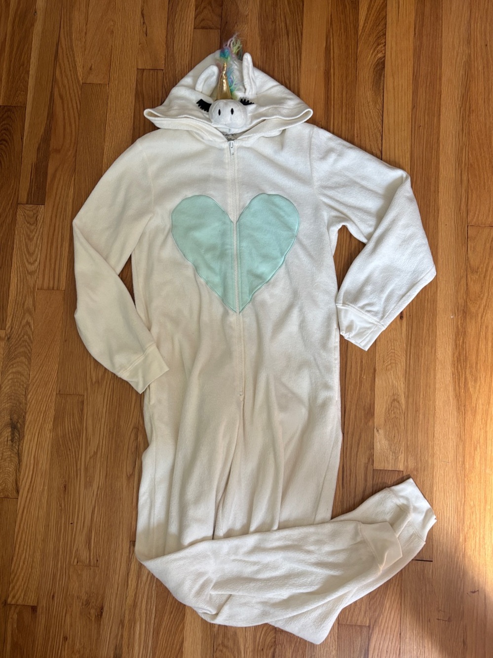 Xhilaration White Unicorn Onesie with Mint Heart and Hood
